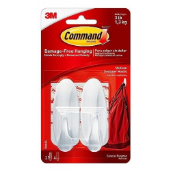 Command Medium Designer Hook, Pack of 2 Hooks and 4 Adhesive Strips, White - Damage Free Hanging - Holds up to 1.3kg