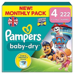 Pampers Baby-Dry Paw Patrol Edition Size 4, 222 Nappies, 9kg - 14kg, Monthly Pack, with A Stop & Protect Pocket to Help Prevent Leaks At The Back