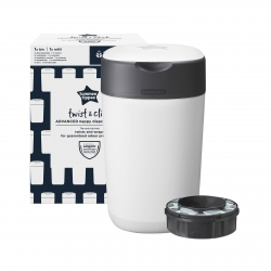 Tommee Tippee Twist and Click Advanced Nappy Bin, Eco-Friendlier System, Includes 1x Refill Cassette with Sustainably Sourced Antibacterial GREENFILM, White