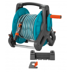 Gardena Classic wall-fixed Hose Reel 50 Set: Mobile hose reel, wall-mountable to save space and can be removed at any time, with a 20-m hose, spray nozzle, and system parts (8009-20), Multicolour