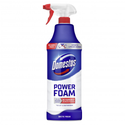 Domestos Power Foam Arctic Fresh Toilet & Bathroom Cleaner Spray sprays upside down & eliminates 99.99% of germs* for cleaning inside the toilet & around the bathroom 650 ml
