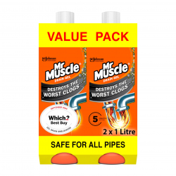 Mr Muscle Drain Unblocker, Sink & Drain Cleaner, Fast Acting Heavy Duty Gel Formula, Dissolves Clogs, Works 3x Better Than Bleach, Safe for All Pipes, Duo Pack, (2 x 1L)